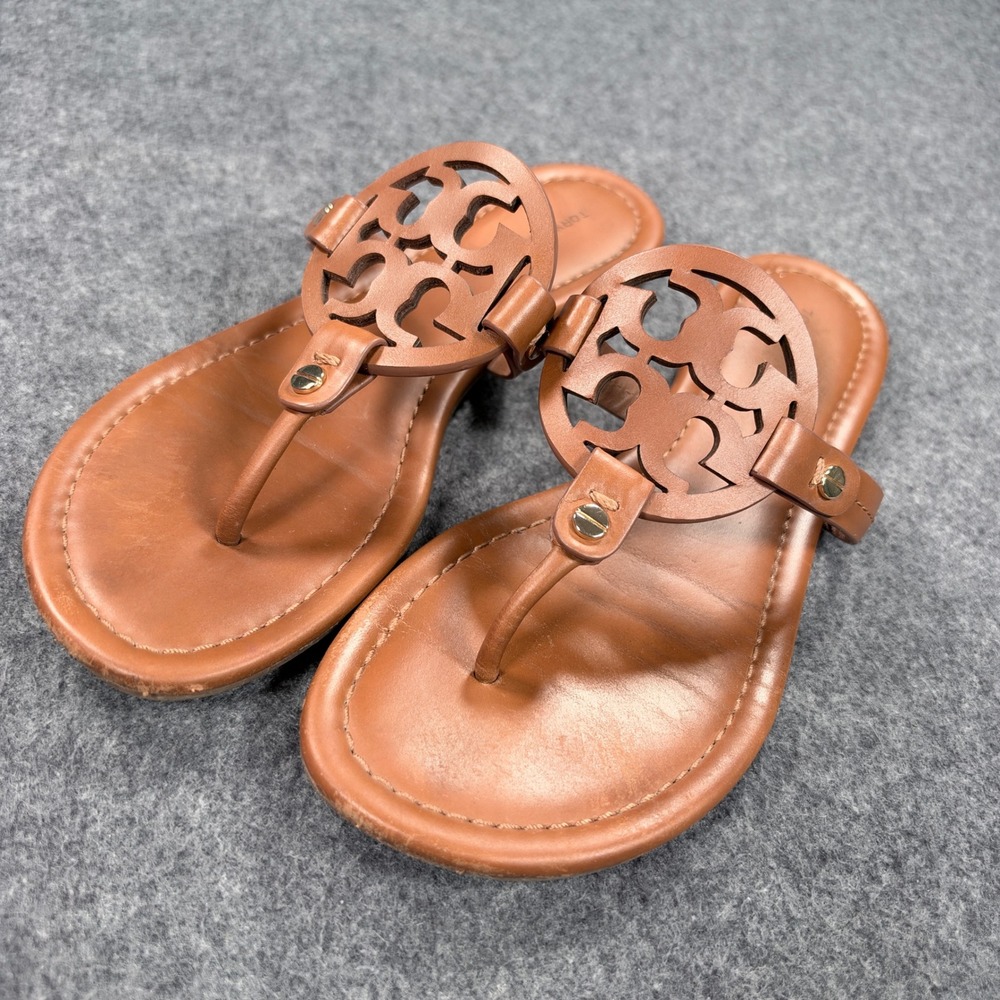 Tory Burch Miller Cloud Tan Leather Thong Sandals Logo Medallion 7M SH 207